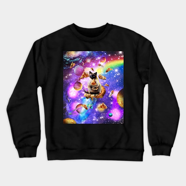 Space Siamese Cat Eating Pizza In Rainbow Galaxy Crewneck Sweatshirt by Random Galaxy